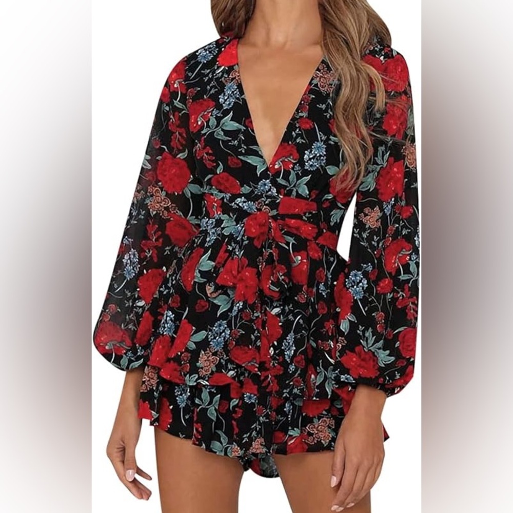 Women's Floral Print Deep V-Neck Romper Double Layer Ruffle